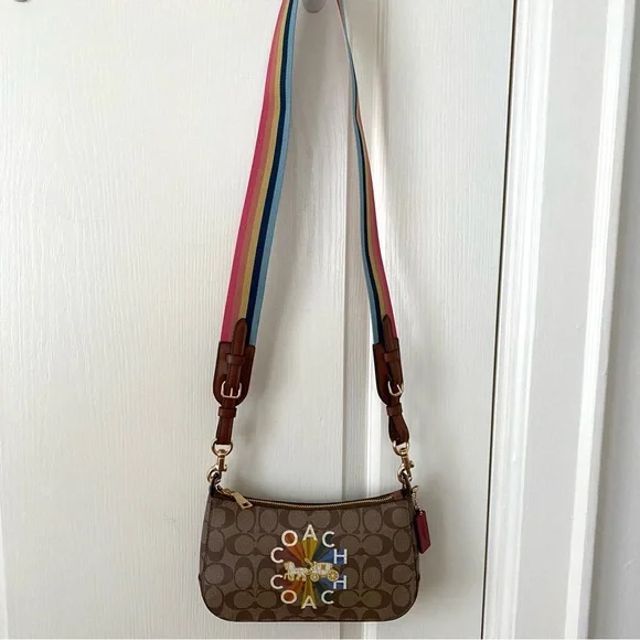 $328 Coach Jes Baguette Signature Canvas Radial Rainbow Leather Crossbody C6817 - Picture 3 of 16